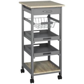 Rolling Kitchen Cart with Pull-Out Tray, Slide-Out Basket, and Rolling Island, Gray