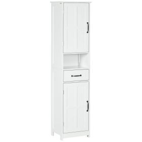 Slim Bathroom Storage Cabinet, Tall Linen Tower with Open Shelf, Drawer, Recessed Doors & Adjustable Shelves, White