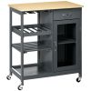 Gray Kitchen Island Cart, Rolling Utility Cart with Wine Rack, Shelves & Cabinet