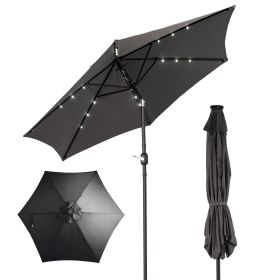 9ft Solar LED Patio Umbrella with Push Button Tilt & Crank, 6 Ribs Waterproof Polyester Outdoor Market Table Umbrella for Garden Backyard Pool, Gray