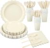 175 Pcs Ivory Paper Plates and Napkins, Beige Party Supplies Include Scalloped Cream Plates Napkin Cup Plastic Cutlery for Wedding, Bridal&Baby Shower
