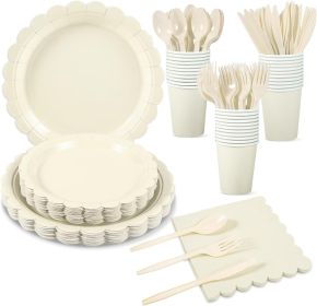 175 Pcs Ivory Paper Plates and Napkins, Beige Party Supplies Include Scalloped Cream Plates Napkin Cup Plastic Cutlery for Wedding, Bridal&Baby Shower