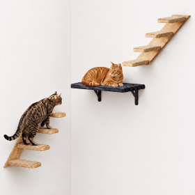 Wall-Mounted Cat Stairs Set with Shelf, Includes 2x 4-Step Cat Climbing Ladders & 1x Wall Shelf, Paulownia Wood Steps Wrapped in Jute Rope