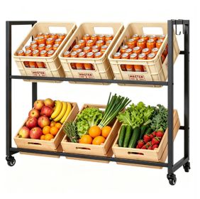 2-Tier Rolling Beer Crate Storage Rack with Hooks, Adjustable Tilt Mobile Metal Drink Organizer Cart Heavy Duty for Garage Pantry Party