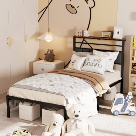 Twin Size Bed Frame with Headboard and Storage Shelf, Metal Bed, Upholstered Wooden Beds, Sturdy Frames for Bedroom Furniture, No Box Spring Needed