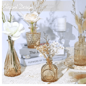 Glass Bud Vase Set of 5, Small Amber Flower Vases for Centerpieces in Bulk, Mini Vintage Vase for Wedding Decor, Single Flowers, and Home Table Décor