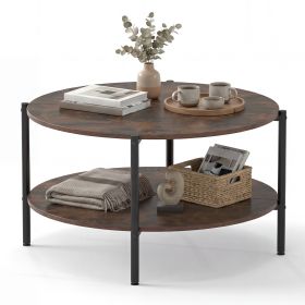 Round Coffee Table 2-Tier Industrial Accent Table with Open Storage Shelf