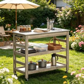 Rolling Kitchen Island Utility Trolley with Stainless Steel Top Modern Industrial Eucalyptus Wood Kitchen Cart for Storage And Organization