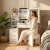 Vanity Desk with Sliding Mirror and Lights, Makeup Vanity Set with 4 Drawers, Stool, Open Shelves, 3 Color Adjustable Lighting Modes