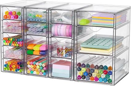 4 Set Clear Desk Organizer, Pen Organizer with 16 Drawers, Acrylic Desktop Organization and Storage for Office Supplies, Pen, Makeup, Art Craft