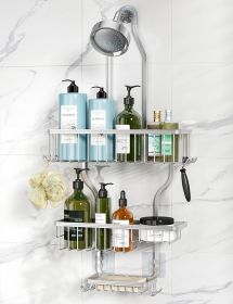Never Rust Shower Organizer - Aluminum Over The Head Caddy with 10 Hooks for Razor/Sponge - Rack with Soap Basket - Silver