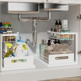 Pull Out Cabinet Organizer 2 Tier Slide Out Sink Shelf Cabinet Storage Shelves, Storage for Kitchen Bathroom, White, 2 Pack