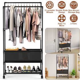 3 Tiered Portable Clothing Rack For Bedroom Entryway Double Hanging Rods Sturdy Iron Garment Rack With Double Height Rods Adjustable Storage Bag Locka