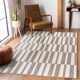 Step Collection High-Low Striped Beige/Cream Indoor Area Rug, 7'9''x10', Modern, Contemporary, Non-Shedding & Easy to Clean, Ideal for Living Room