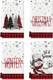 Red Black Buffalo Plaid Snowman Xmas Trees Christmas Kitchen Towels Dish Towels, 18x26 Inch Daily Seasonal Winter Decoration Hand Towels Set of 4