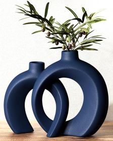 Blue Vase Set of 2 - Donut Navy Vases Home Decor, Modern Coastal Decor - Decorative Vase