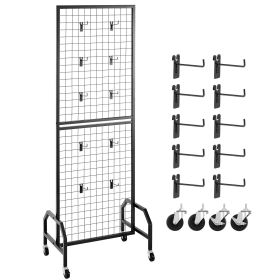Grid Wall Panel, 1.9 x 5.4 ft Wire Grid Panels Display Rack, Movable Art Display Shelf with Wheels and 10 Hooks