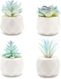Blue Artificial Succulent in Pots (White Ceramic, 4 Pot Set) Fake Plants for Indoors, Office Decor Blue Christmas for Women