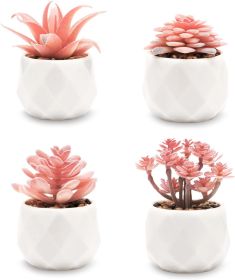Succulents Plants Artificial in Pots-Rose Pink, Small Fake Succulents Plants for Home Decor Indoor for Women, White Ceramic, Set of 4, Gifts for Mom