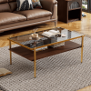 Modern Coffee Table, Tempered Glass Tabletop, Rectangle Coffee Table with Sturdy MDF Base and Golden Iron Legs, Easy Assembly Living Room Furniture