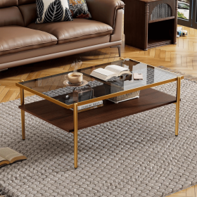 Modern Coffee Table, Tempered Glass Tabletop, Rectangle Coffee Table with Sturdy MDF Base and Golden Iron Legs, Easy Assembly Living Room Furniture