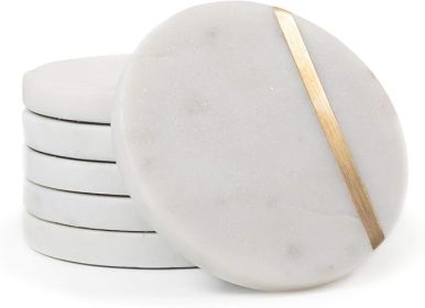 Marble Coasters Set of 6 - Luxury Aesthetic Modern Decor for Coffee Table- White Marble with Gold Brass Inlay - Real Natural Semi Absorbent Stone Coas