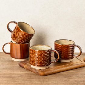 12 OZ Stackable Coffee Mugs, Ceramic Coffee Cups with Texture Patterns for Man,Woman,Dad,Mom