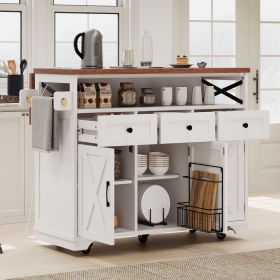 K&K 46.5'' Farmhouse Kitchen Island with Drape of Beads, Power Outlet, Rolling Kitchen Cart on Wheels with Drop Leaf, 3 Doors