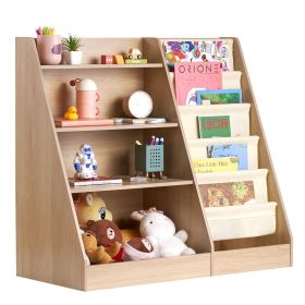 4-Tier Kids Wooden Bookshelf, Six-Layer Sling Bookcase, Baby Storage Book Rack, Book Toy Organizer Cabinet, for Kids Room, Playroom, Kindergarten