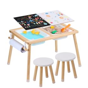 Sensory Table and Chairs Set, Toddlers Activity Table with 2 Stools, 2 Storage Bins & Paper Roll Holder, Indoor/Outdoor Play Sand and Water Table