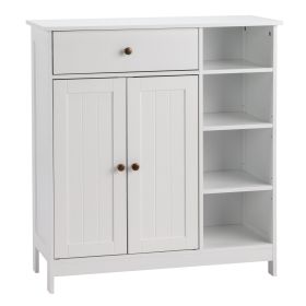 Elegant White Vertical Stripe Bathroom Cabinet with Adjustable Shelves and Bronze Handles Multipurpose Storage for Bathroom Foyer Dining Room