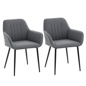 Dining Chairs Set of 2, Linen Upholstery Accent Chair with Back, Armrest, Metal Legs, Dark Grey