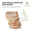 Choixe Hand-Carved Olive Wood Coaster Set with Holder, 7-Piece Heat-Resistant Rustic Drink Coasters for Wooden Table Protection