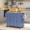 Kitchen Island on Wheels, Rolling Cart with Rubberwood Top, Spice Rack, Towel Rack and Drawers, Navy Blue