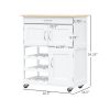 Rolling Kitchen Cart, White, Island with Storage Drawer, 9-Bottle Wine Rack, Door Cabinets, Wooden Countertop