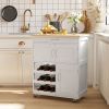 Rolling Kitchen Cart, White, Island with Storage Drawer, 9-Bottle Wine Rack, Door Cabinets, Wooden Countertop