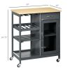 Gray Kitchen Island Cart, Rolling Utility Cart with Wine Rack, Shelves & Cabinet