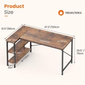 L-shaped office desk, 39-55inch computer desk, writing work desk with reversible storage rack (Color: brown/47in)