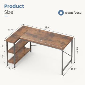 L-shaped office desk, 39-55inch computer desk, writing work desk with reversible storage rack (Color: brown/39in)