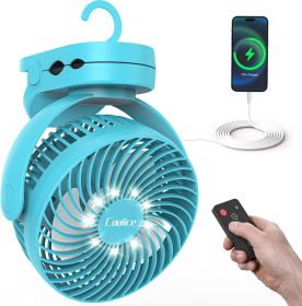 Camping Fan with Remote Control - 12000mAh Rechargeable Battery Powered Fan, Camping Fans for Tents with LED light & Hanging Hook (Color: Blue)