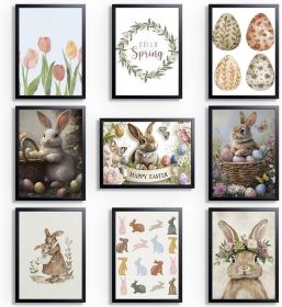 Easter Bunny Wall Art Set of 9, Vintage Spring Rabbit Canvas Prints, Cute Bunny & Easter Egg Paintings (Color: 10"L x 8"W   Easter Bunny   Unframed)