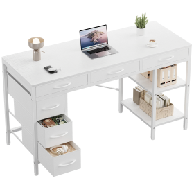 47-55 Inch Computer Desk with 6 Drawers Storage Shelves Home Office Gaming Desk for Bedroom Study Corner Living Room Work (Color: White/55IN)