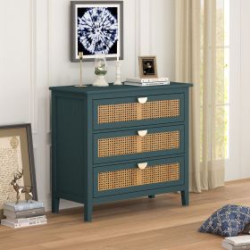 3 Drawer Cabinet,Natural rattan,American Furniture,Suitable for bedroom, living room, study (Color: Deep teal)