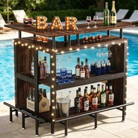 L-Shaped Home Bar Unit Liquor Bar Table with Glasses Holders And Shelves for Kitchen Dining Room Bar Counter Storage (Color: Rustic)