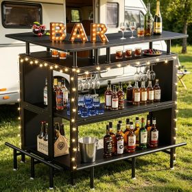 L-Shaped Home Bar Unit Liquor Bar Table with Glasses Holders And Shelves for Kitchen Dining Room Bar Counter Storage (Color: Black)