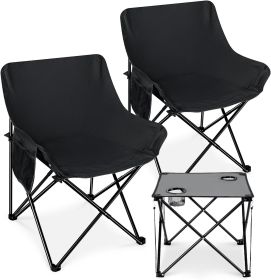 Portable Camping Chairs for Adults, 2 Pcs Oversized Lawn Chair with Folding Camping Table for Beach, Picnic, Outdoor Sports, Fishing, Rv Travel (Color: Black)