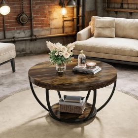 Wooden Coffee Table, 2-Tier Round Central Cocktail Table with Shelvesg (Main Material: Wood, Main Color: Brown Oak)