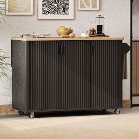 51" Fluted Kitchen Island with Drop Leaf, Farmhouse Accent Kitchen Island on Wheels with Internal Storage Rack (Color: Black, Material: MDF,Pine)