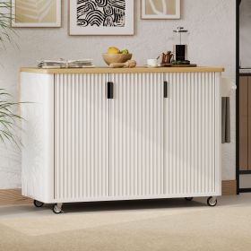 51" Fluted Kitchen Island with Drop Leaf, Farmhouse Accent Kitchen Island on Wheels with Internal Storage Rack (Color: White, Material: MDF,Pine)