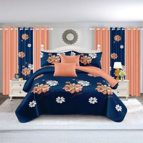 9-Piece Navy & Coral Floral Bedding & Curtain Set (Queen/King/Cal King) - Quilted Microfiber Bedspread + Sheer Curtains (Color: blue/red flower, size: Queen)